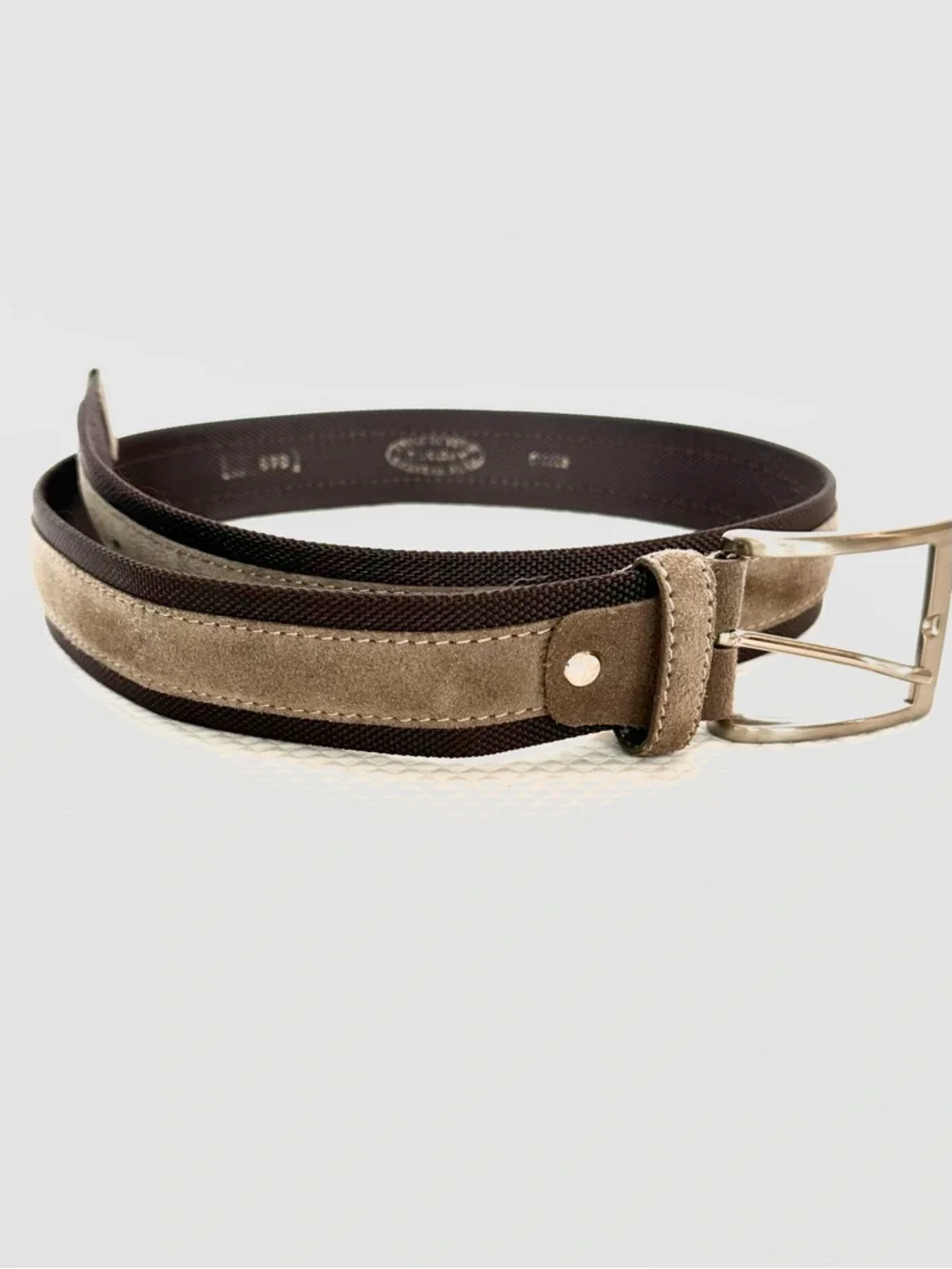 Aponte Italian Made Tan Taupe Suede Trimmed Belt‎ in Dark Brown Silver Buckle